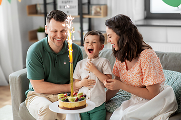 Image showing happy family with birthday cake at home