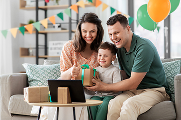 Image showing family with tablet pc has video call on birthday