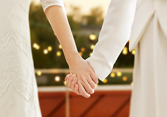 Image showing close up of married lesbian couple holding hands