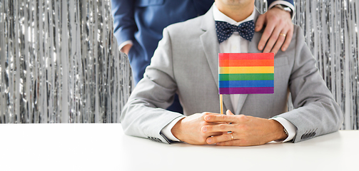 Image showing close up of male gay couple holding rainbow flag