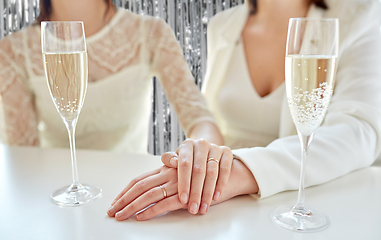 Image showing close up of lesbian couple with champagne glasses