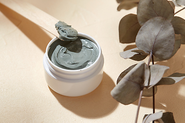 Image showing cosmetic clay mask in jar with wooden spatula