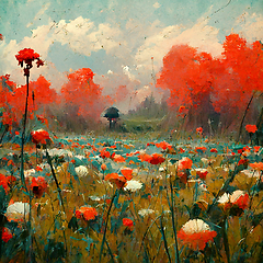 Image showing Beautiful poppy field and cloudy sky. Spring flower background, 