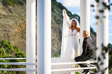 Image showing Newlyweds on a walk in the gazebo look at each other happily