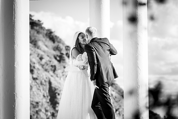 Image showing Happy newlyweds kiss in a beautiful gazebo with columns against the background of foliage and sky, black and white version