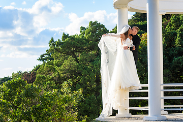 Image showing The newlyweds happily embrace in a beautiful gazebo with columns against the backdrop of foliage and sky