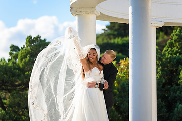 Image showing The newlyweds happily embrace in a beautiful gazebo against the backdrop of foliage and sky