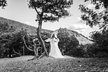 Image showing A black bride in a white dress stands near an old tree against the backdrop of mountains, black and white version