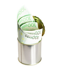 Image showing euro bills on a tin can