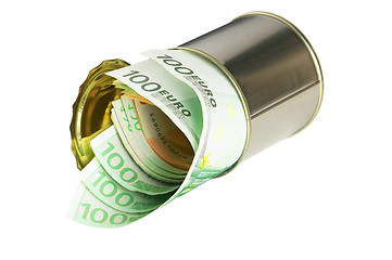 Image showing euro bills on a tin can