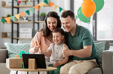 Image showing family with tablet pc has video call on birthday