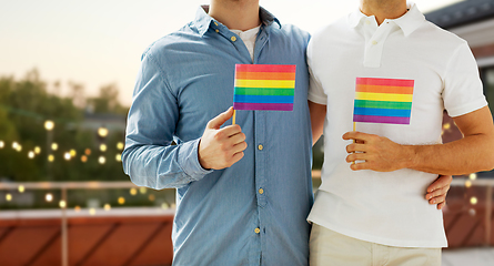 Image showing male gay couple hugging and holding rainbow flags