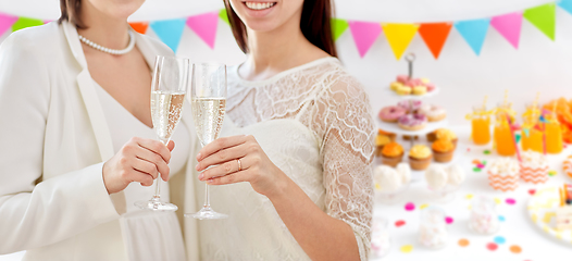 Image showing close up of female gay couple with champagne