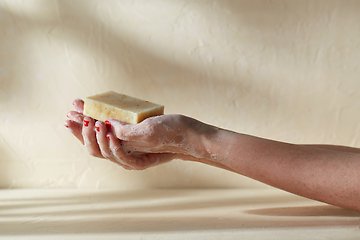 Image showing foamy hands holding bar of craft soap