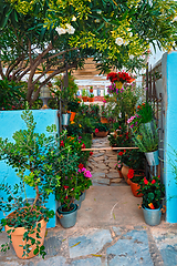 Image showing Greek picturesque scenic street of Oia village on Santorini island in Greece