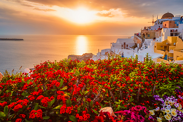 Image showing Sunset over Oia town on Santorini island in summer. Santorini, Greece