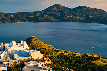 Image showing View of Plaka village on Milos island on sunset in Greece