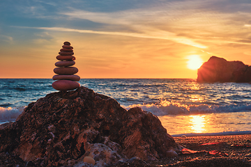 Image showing Concept of balance and harmony - stone stack on the beach