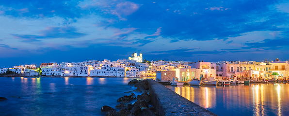 Image showing Panorama of picturesque Naousa town on Paros island, Greece in the night