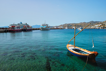 Image showing Greek fishing boat in port of Mykonos