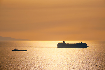 Image showing Cruise ship silhouette in Aegean sea on sunset