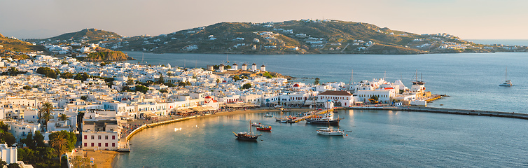 Image showing Mykonos island port with boats, Cyclades islands, Greece