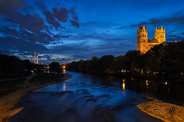 Image showing Isar river, park and St Maximilian church from Reichenbach Bridge. Munchen, Bavaria, Germany.