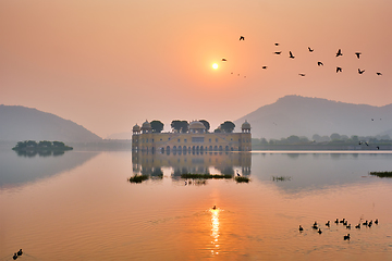 Image showing Tranquil morning at Jal Mahal Water Palace at sunrise in Jaipur. Rajasthan, India