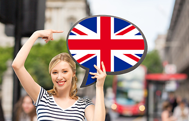 Image showing smiling woman with british flag on text bubble