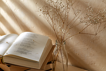 Image showing books and decorative dried flowers in glass bottle