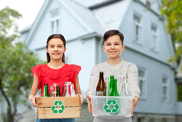 Image showing happy children with wooden box sorting glass waste