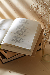 Image showing books and decorative dried flowers in glass bottle