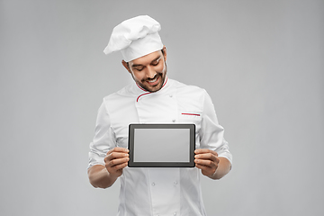 Image showing happy smiling male chef showing tablet pc computer