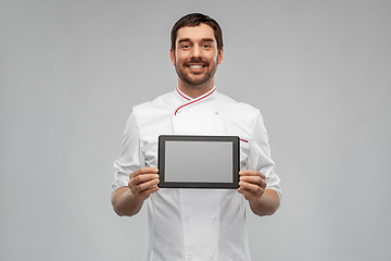 Image showing happy smiling male chef showing tablet pc computer