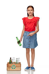 Image showing smiling girl with wooden box sorting glass waste