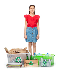 Image showing happy girl sorting paper, metal and plastic waste