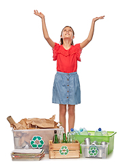 Image showing happy girl sorting paper, metal and plastic waste