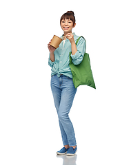 Image showing asian woman with reusable bag for food and wok