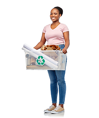 Image showing happy african american woman sorting paper waste