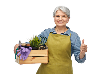 Image showing smiling senior woman with garden tools in box