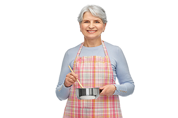 Image showing senior woman in apron with pot cooking food