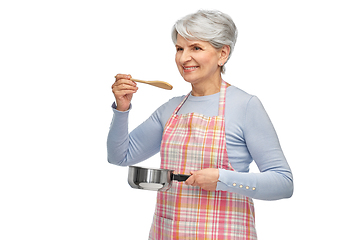 Image showing senior woman in apron with pot cooking food