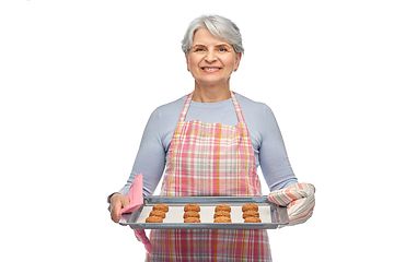 Image showing senior woman in apron with cookies on baking pan