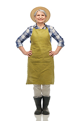 Image showing smiling senior woman in garden apron and straw hat