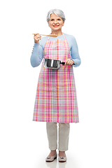 Image showing senior woman in apron with pot cooking food