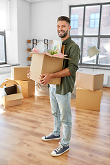 Image showing happy man with box moving to new home