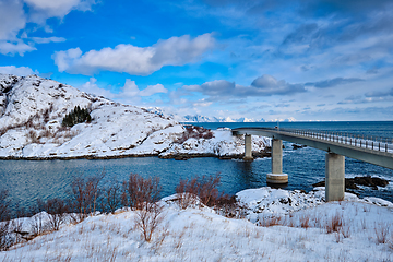 Image showing Djupfjord Bridge Djupfjordbrua in winter. Lofoten islands, Norway