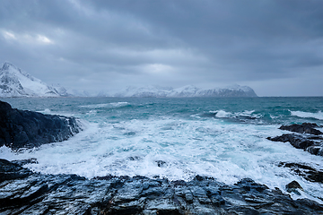 Image showing Norwegian Sea waves on rocky coast of Lofoten islands, Norway