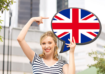 Image showing smiling woman with british flag on text bubble