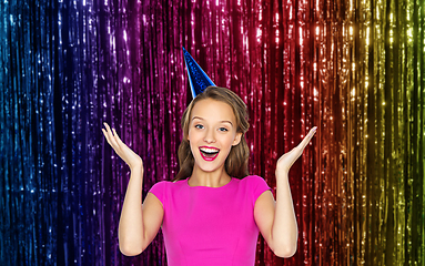 Image showing happy young woman or teen girl in party cap